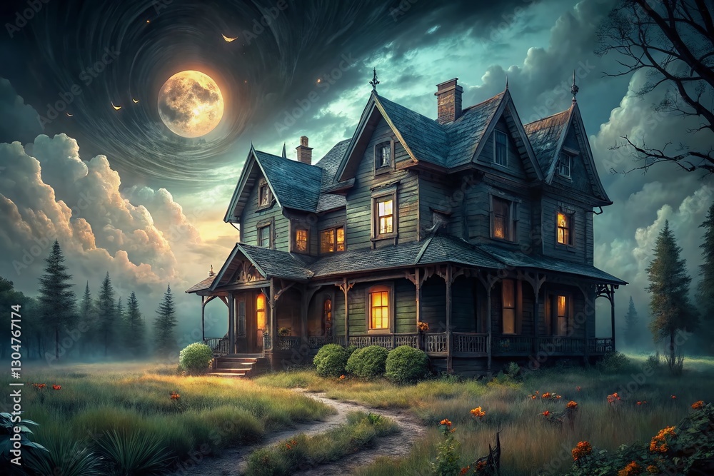 Fototapeta premium Spooky Old House at Night - Creepy Victorian Mansion in Darkness