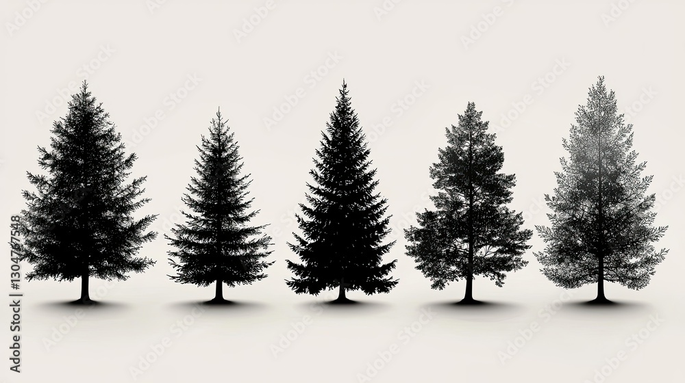 Fototapeta premium Silhouetted evergreen trees are standing in a row with shadows
