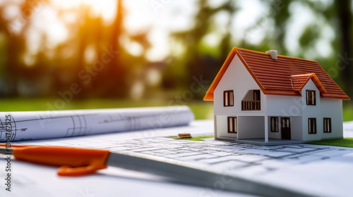 A house model standing on a real estate blueprint, with undeveloped land and measuring tools in the background. The image highlights zoning laws, urban expansion, and residential c