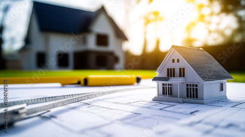 A house model standing on a real estate blueprint, with undeveloped land and measuring tools in the background. The image highlights zoning laws, urban expansion, and residential c photo