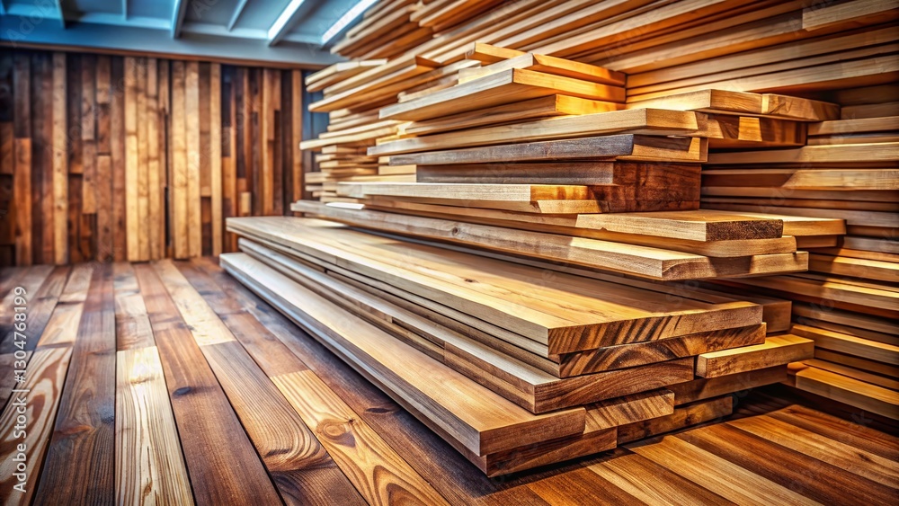 Fototapeta premium Stacked Reclaimed Wood Ceiling Panels, Rustic Interior Design Element, Floor Pile