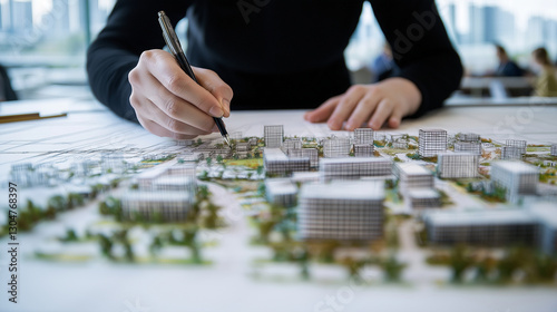 An architect carefully sketches an imaginary city plan on a large blueprint, detailing buildings, roads, and green spaces. The urban planning concept highlights zoning, land regist
