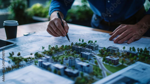 Overhead view of a city planning table filled with maps, blueprints, and models, as an architect fine-tunes building layouts and road intersections for a visionary residential area photo