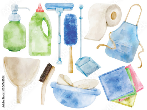 Watercolor Cleaning Tools and Household Supplies Illustration Set - Hand-Painted, Realistic, Home Essentials - Mop, Duster, Dustpan