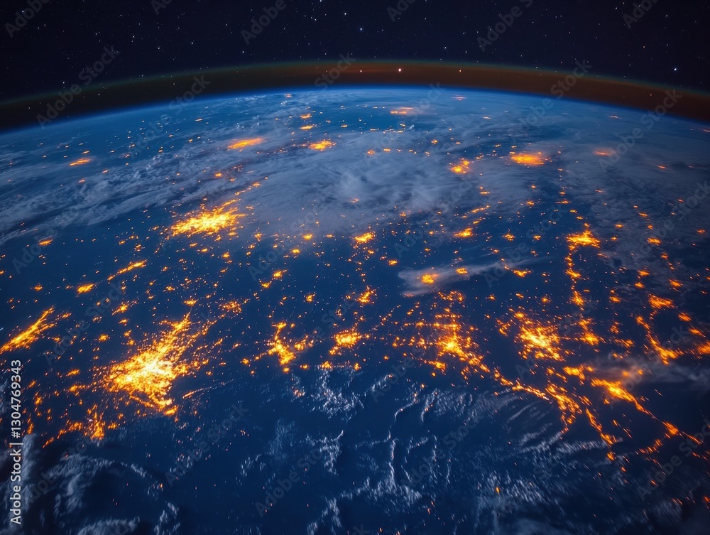 Fototapeta premium Earth at Night from Space Captivating View of City Lights Glowing on the Planet Surface with Stars in Background