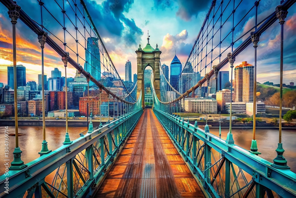 Obraz premium Stunning Aerial Macro View: Suspension Bridge Over Ohio River, Cincinnati Skyline