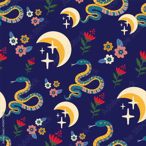 Snake, flowers, moon repeat pattern mystical background