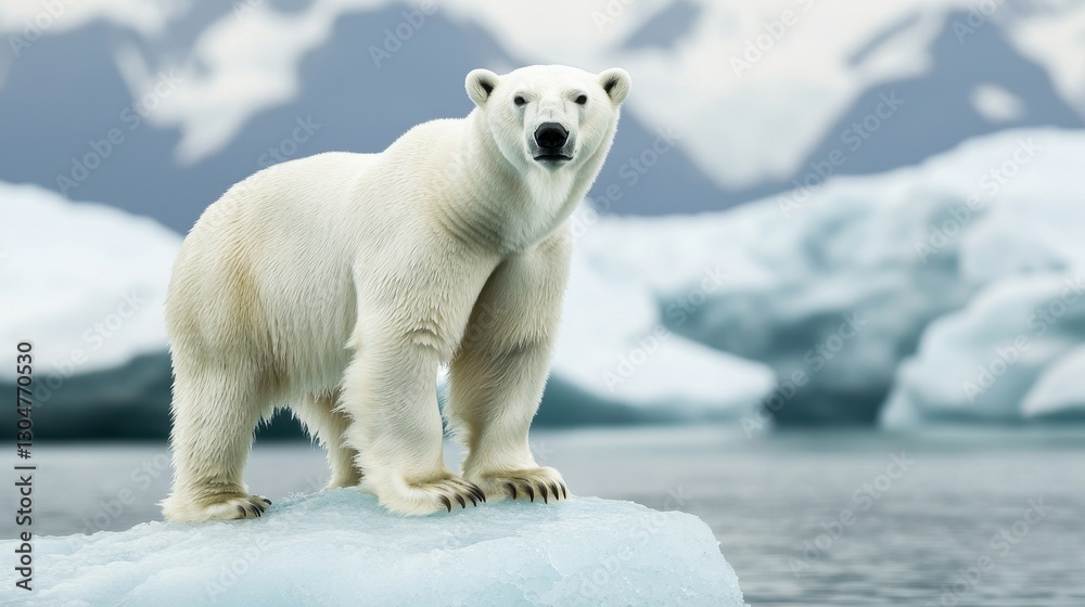 Majestic Polar Bear Standing on Iceberg in Arctic Landscape with Blurred Mountains and Blue Waters in Background Majestic Polar Bear Standing on Iceberg in Arctic Landscape with Blurred Mountains and Blue Waters in Background