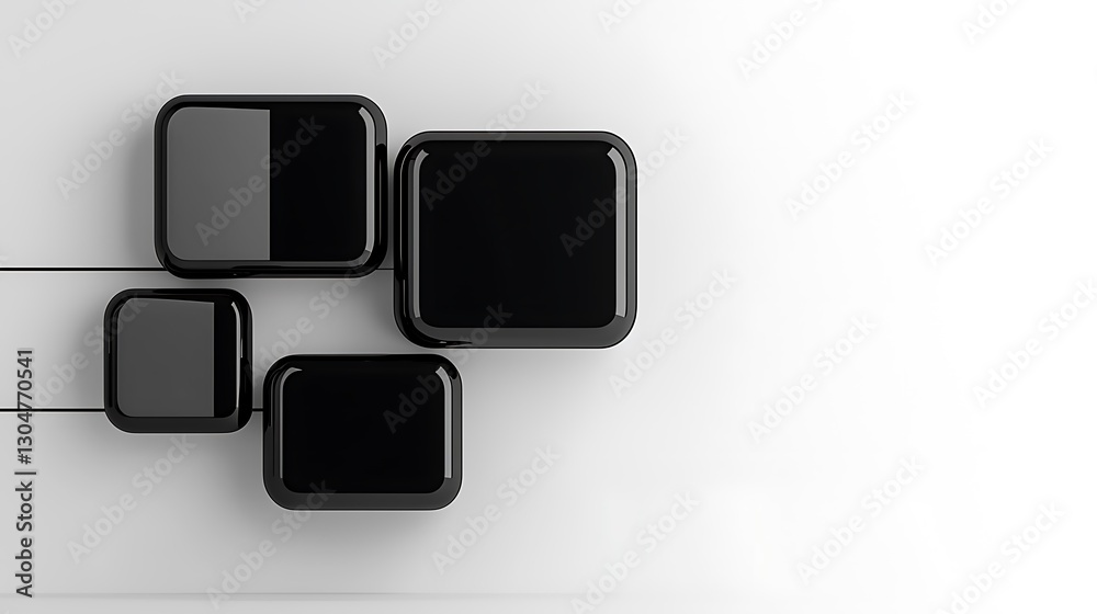 Black glossy squares displayed on white wall, modern abstract design, clean minimalistic composition Black glossy squares displayed on white wall, modern abstract design, clean minimalistic composition