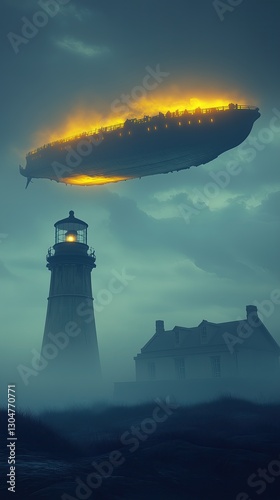 Mysterious lighthouse with floating ship