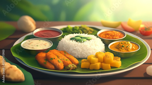 Traditional Bengali cuisine and food meal thali of West Bengal, India. Bengali food thali in kolkata. bengali thali for puja and Pailaboishakh. popular food kolkata. Generative AI