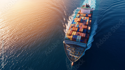 High-altitude drone captures freighter on tranquil ocean photo