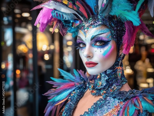 A performer in an elaborate feathered costume and vibrant makeup, showcasing the spirit of Mardi Gras