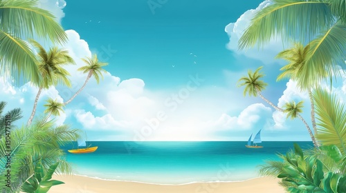 Paradise Coast: A breathtaking view of a serene tropical beach, palm trees sway gently in the warm breeze, inviting tranquility.