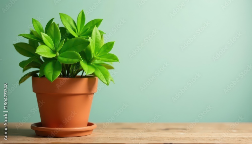 Obraz premium Green plant in terracotta pot on wooden table, still life, view, bright