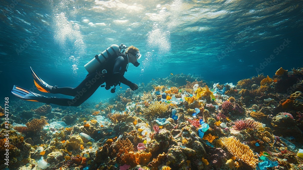 custom made wallpaper toronto digitalDiver observes polluted coral reef underwater scene