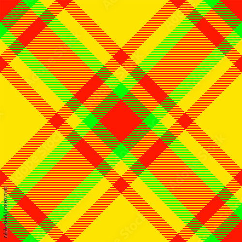 Yuletide plaid fabric texture, down vector seamless check. Amazing tartan pattern background textile in bright and radioactive colors.