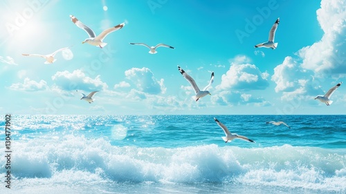 Seagulls Soaring above Waves: Capturing the freedom of flight, seagulls glide effortlessly over the rolling waves of a vibrant sea under a bright, sunlit sky.