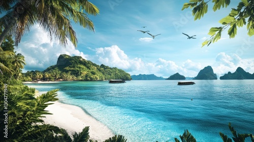 Tropical Paradise: Capture the essence of tranquility and breathtaking natural beauty with this image of a pristine tropical beach. Crystal-clear turquoise waters gently lap against the soft.