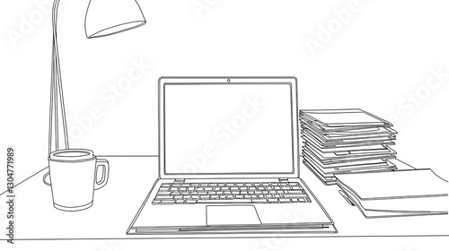 A laptop sits on a desk with a stack of papers in front of it