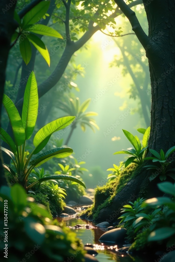 Obraz premium Soft morning light bathes a tranquil jungle garden, highlighting dew-kissed foliage , image, garden