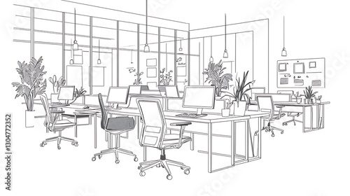 Fototapeta Naklejka Na Ścianę i Meble -  A drawing of a large office space with many desks and chairs