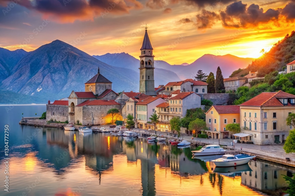 Fototapeta premium Stunning Perast, Montenegro Cityscape at Sunset - Adriatic Coastline Landscape