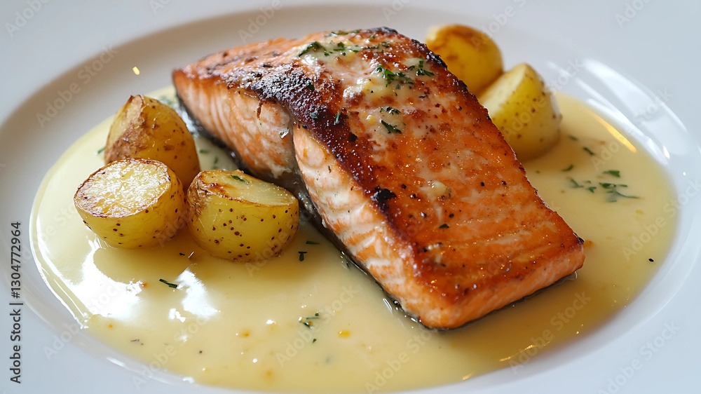 Succulent salmon, grilled to perfection, rests on a bed of aromatic, herb-seasoned potatoes. A drizzle of olive oil and a garnish of fresh greens add a final touch of sophistication Succulent salmon, grilled to perfection, rests on a bed of aromatic, herb-seasoned potatoes. A drizzle of olive oil and a garnish of fresh greens add a final touch of sophistication