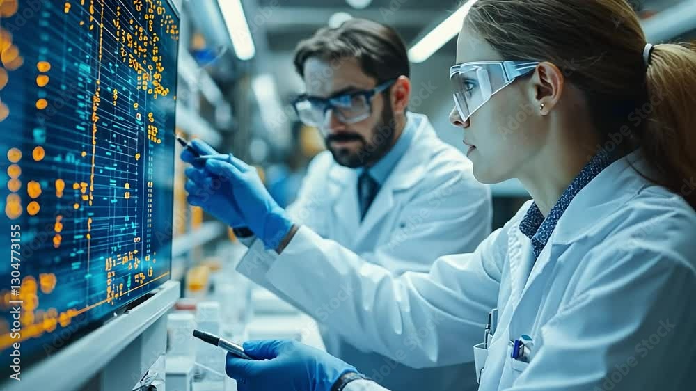 Scientific Collaboration: Two dedicated scientists in lab coats and safety glasses meticulously analyze complex data on a cutting-edge screen.