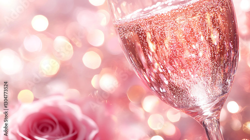 Soft pink hues and glistening champagne bubbles create a mesmerizing scene, evoking warmth, joy, and elegance. 