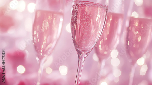 A delicate swirl of effervescent bubbles rises within crystal-clear champagne flutes, reflecting the warm blush tones of a festive evening. 