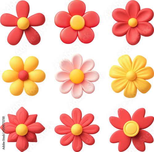 A set of Cute 3D flowers with colorful petals, cartoon daisy, decorative floral clay elements, using red, yellow and pink. Isolated on transparent background.