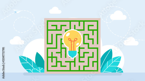 Idea how to get out of the labyrinth. Innovation and solution. Business shortcut maze to goal. Break out of labyrinth. Problem solving and solution concept. Vector illustration