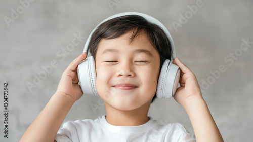 Young asian male listening to music, wearing wireless headphones, eyes closed, enjoying melodic sounds against neutral gray background, expressing pure musical bliss