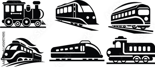 Train icon set.Railway Transport Silhouette Icon.rain with smoke symbol icon, old locomotive silhouette.subway flat icon for transportation apps and websites.Passenger and freight transport set of wag