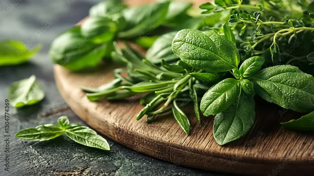 Freshly cut herbs including basil and thyme arranged on a wooden cutting board with a rustic background