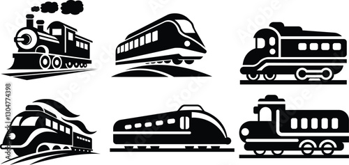 Train icon set.Railway Transport Silhouette Icon.rain with smoke symbol icon, old locomotive silhouette.subway flat icon for transportation apps and websites.Passenger and freight transport set of wag
