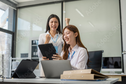 Business team creative businesspeople coworker in office Happy to be successful partnership teamwork success concept.