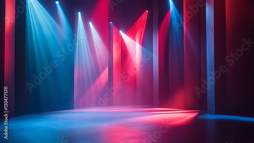 Bathed in deep blues and fiery reds, the empty stage pulses with energy, waiting for dancers to bring its illuminated canvas to life. The vibrant interplay of light and darkness transforms the space