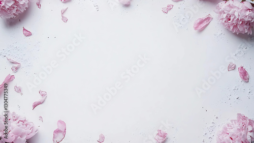 A delicate arrangement of pink peonies cascades around a bright white backdrop, offering a timeless and feminine aesthetic. This floral frame exudes warmth and beauty, perfect for weddings