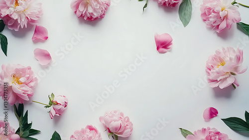 Soft pink peonies bloom around the edges of a clear white canvas, leaving a serene space for words of love and celebration. Their lush petals and dreamy hues capture the essence of spring