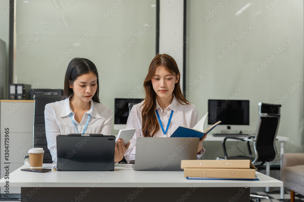Two busy happy business woman executive leaders team using laptop working on computer at work desk having conversation on financial project at meeting in office. Two busy happy business woman executive leaders team using laptop working on computer at work desk having conversation on financial project at meeting in office.