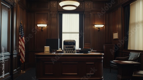 a dimly lit office interior with dark wooden walls and furniture evoking power and authority featuring an american flag and classic design