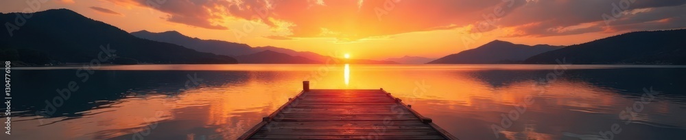Naklejka premium Magical sunrise paints lake & old wooden jetty in gold, beautiful, tranquil, mystical