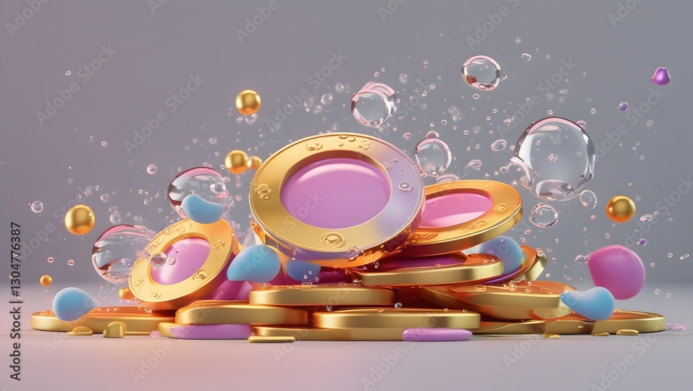 Obraz premium Abstract colorful display of coins and glossy sphere elements composition