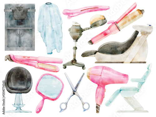 Watercolor Salon Equipment Illustration Set - Hand-Painted, Elegant Aesthetic - Hair Dryer, Barber Chair, Scissors, Mirror, Styling Tools, Beauty Salon