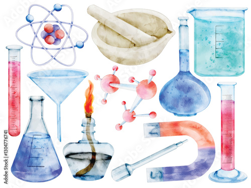 Watercolor Laboratory Equipment Illustration Set - Hand-Painted, Scientific Aesthetic - Beaker, Test Tube, Microscope, Bunsen Burner