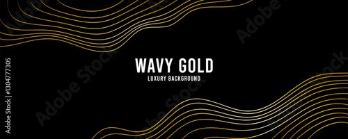 Wavy golden background. Gold wave pattern with stripes or lines. Abstract black background with golden topographic or tree rings texture. Template for banners, poster and other design.