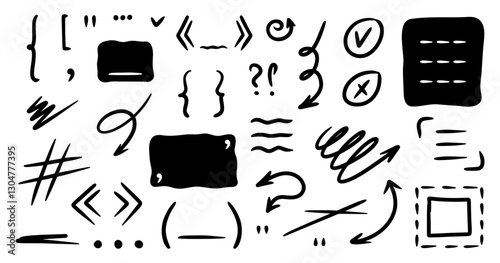 Doodle shapes, text box, parenthesis, brackets, punctuation mark, comma, squiggle arrow, lines, rectangle frames for social media. Black abstract isolated design elements. Speech bubble blobs for