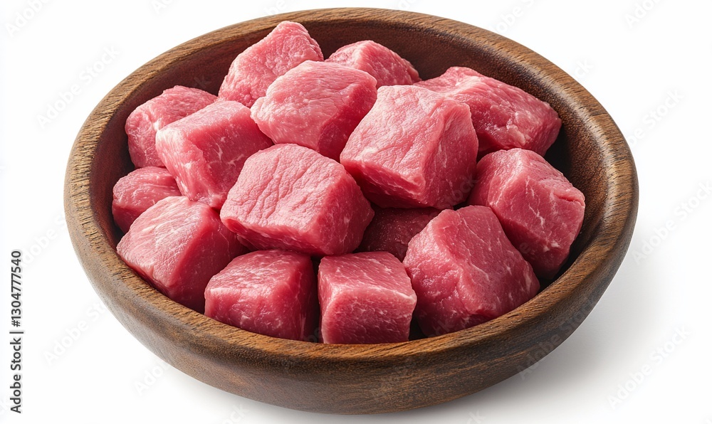Cubed beef in wooden bowl, white background Cubed beef in wooden bowl, white background